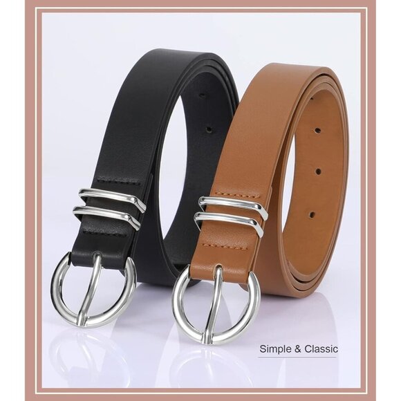 2 Pack Womens Leather Belts Faux Leather Gold Buckle for Jeans Dresses main image 4